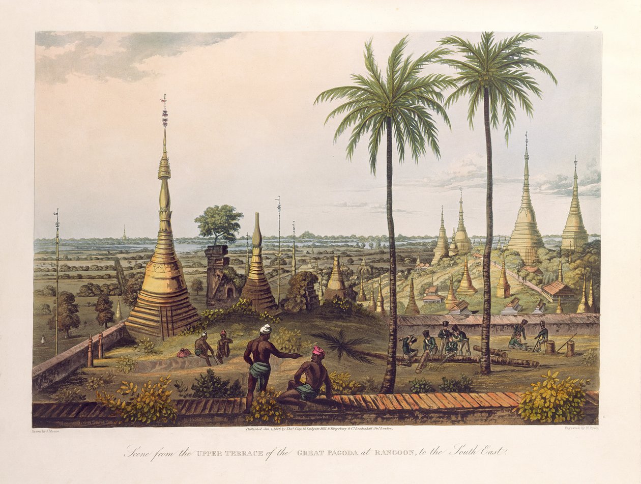 从仰光大宝塔的上部露台到东南部的场景，由H. Pyall，酒吧雕刻。作者：Kingsbury und Co.，1826（彩色aquatint） 作者 约瑟夫·摩尔
