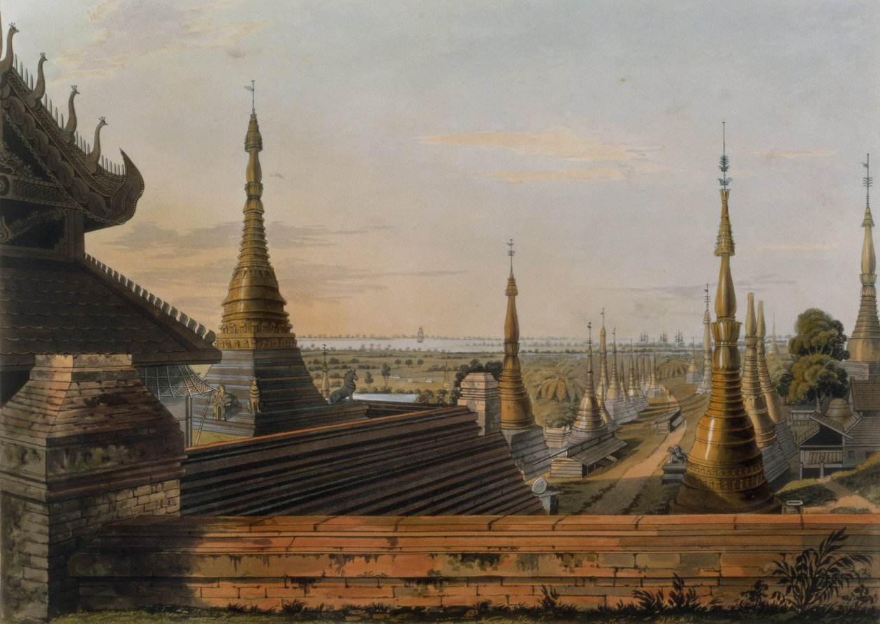 从仰光望向南方的东方路上的场景，从“仰光景观”看板13，由George Hunt雕刻，1825年（aquatint） 作者 约瑟夫·摩尔