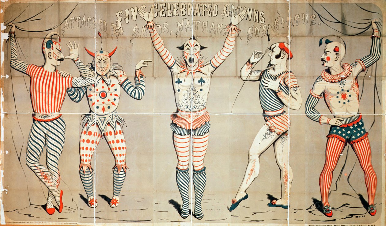 1856年，Nathan und Co.的马戏团附属于沙滩的五个着名小丑（彩色木刻） 作者 约瑟夫·莫尔斯