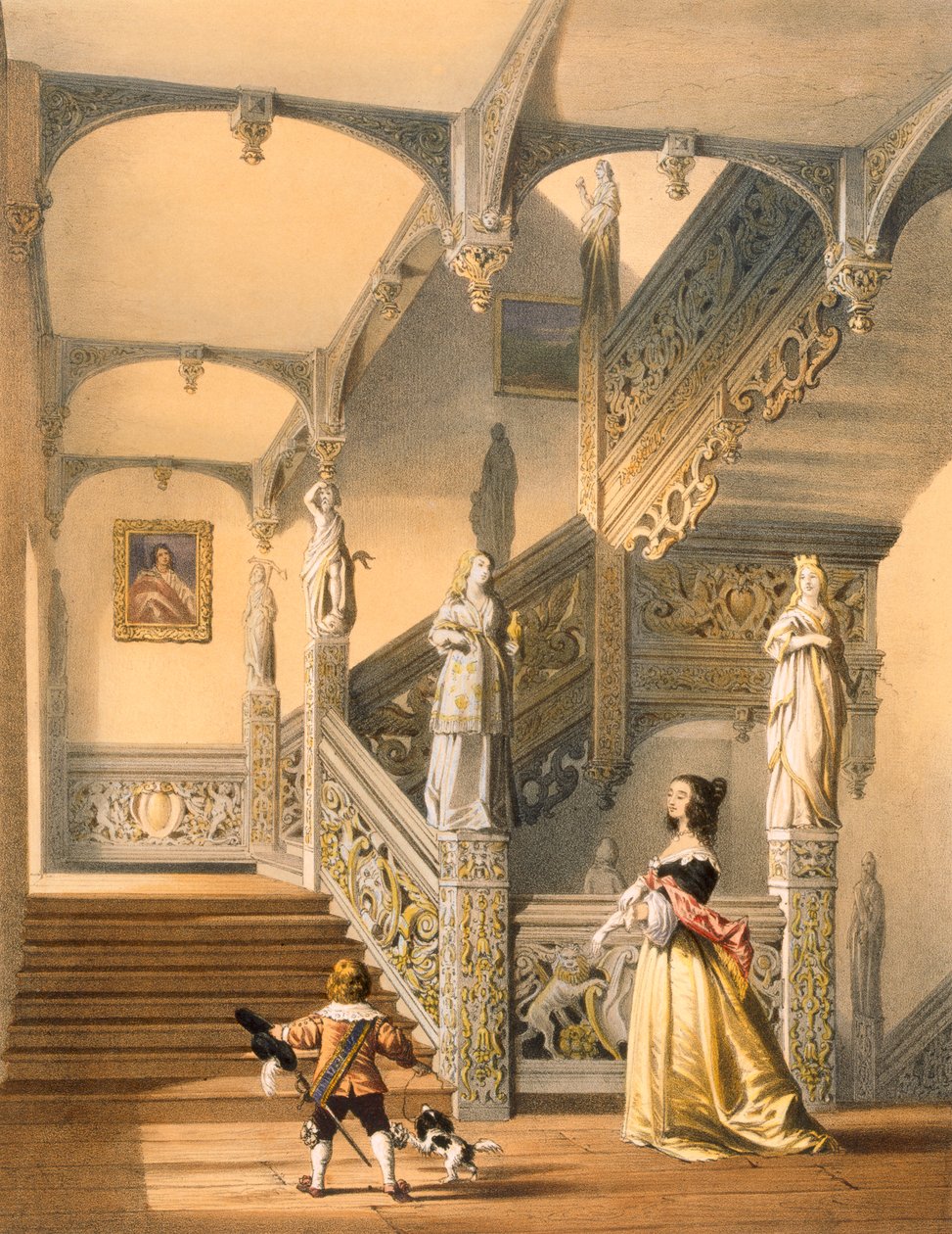 伯克希尔Aldermaston的大伊丽莎白时代的楼梯，来自“中世纪建筑”，于1838年出版 作者 约瑟夫·纳什