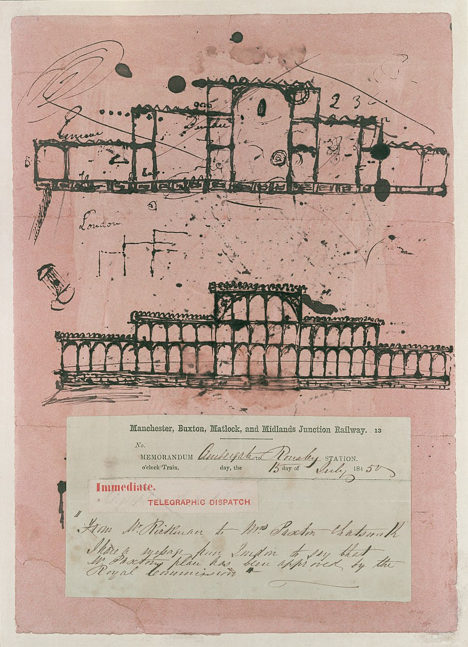 伟大的展览，1851年：建筑的第一幅素描，1850年（吸墨纸上的墨水） 作者 约瑟夫·帕克斯顿