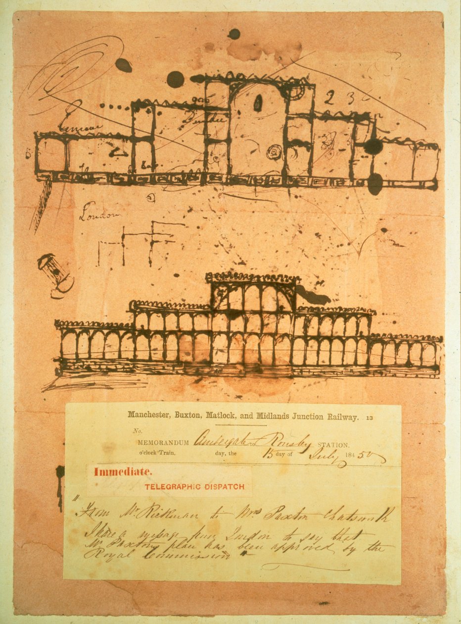水晶宫素描，为1851年的伟大展览而建，1850年（吸墨纸上的墨水） 作者 约瑟夫·帕克斯顿