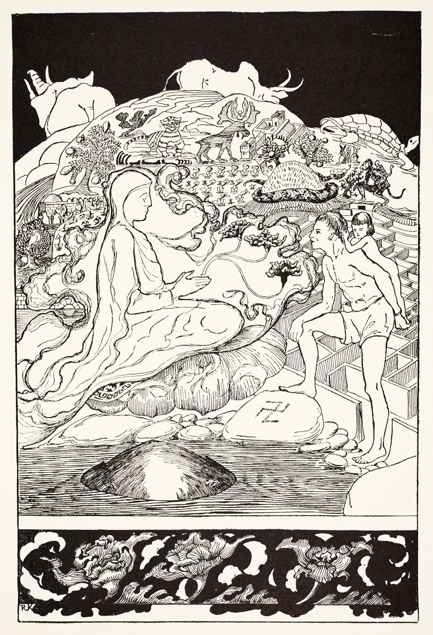 Pau Amma the Crab逃跑，而最年长的魔术师正在与男人和他的小女儿女儿说话，来自Rudyard Kipling，酒吧的“Just So Stories for Little Children”。伦敦，1 作者 约瑟夫·鲁德亚德·吉卜林