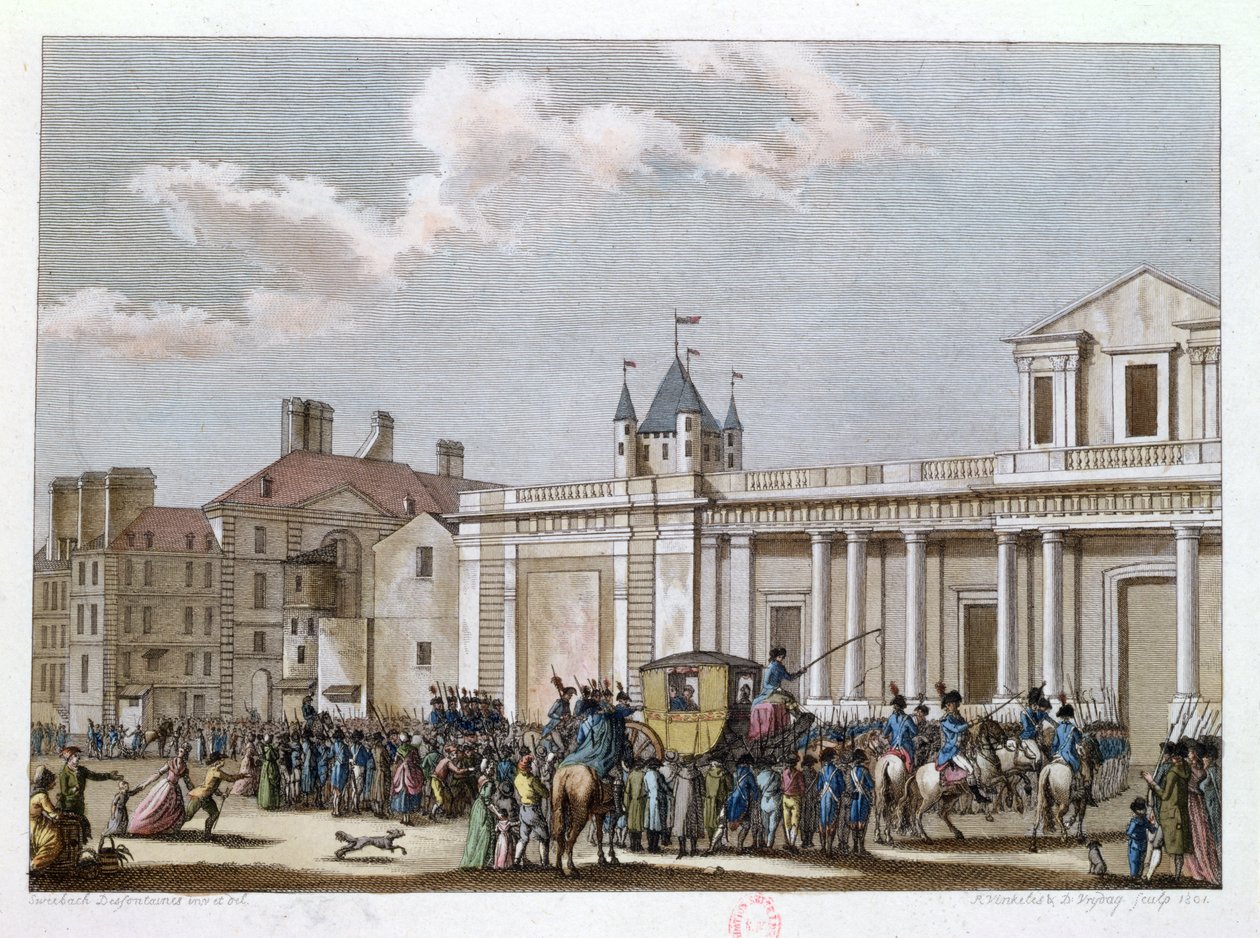 1792年8月13日，路易十六（1754-93）和他的家人被带到圣殿，由Reinier Vinkeles（1741-1816）和Daniel Vrydag（1765-1822）1801刻。 作者 约瑟夫·斯韦巴奇·德方斯坦