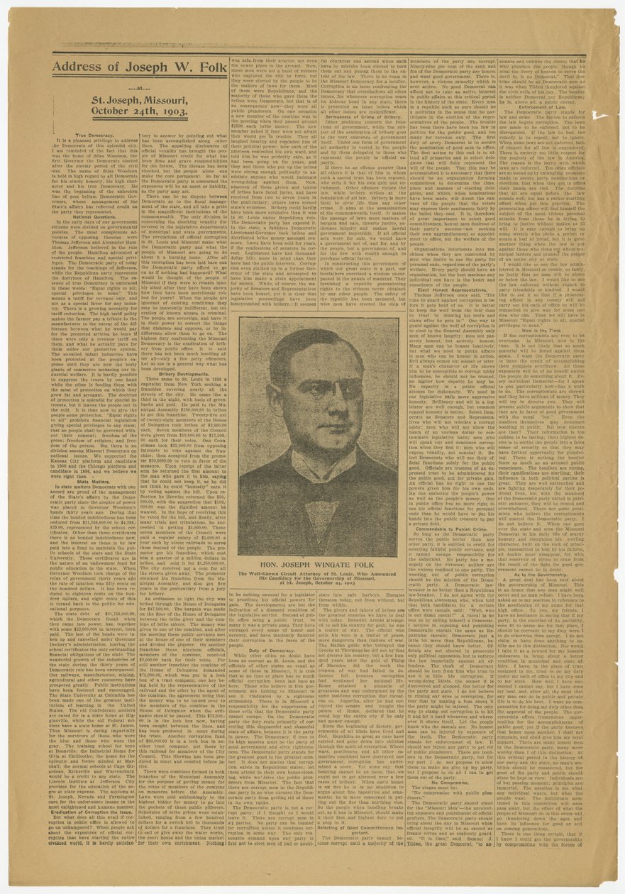 1903年10月24日，密苏里州圣约瑟夫约瑟夫W.民谣的地址，密苏里州政治候选人 作者 约瑟夫·温盖特民俗