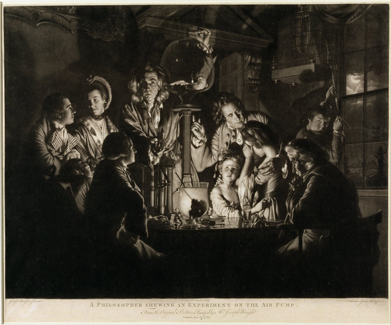 一位哲学家在空气泵上进行实验，由Valentine Green（1739-1813）1769（mezzotint，划痕信件证明）刻 作者 德比的约瑟夫·赖特
