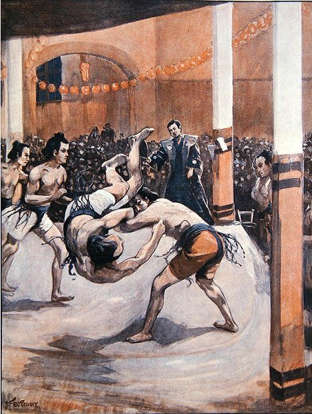 日本传统摔跤。1910年在伦敦举行的日本展览会上，相扑运动员展示他们的艺术（彩色平版印刷）。 作者 约瑟夫·芬内莫尔（后）