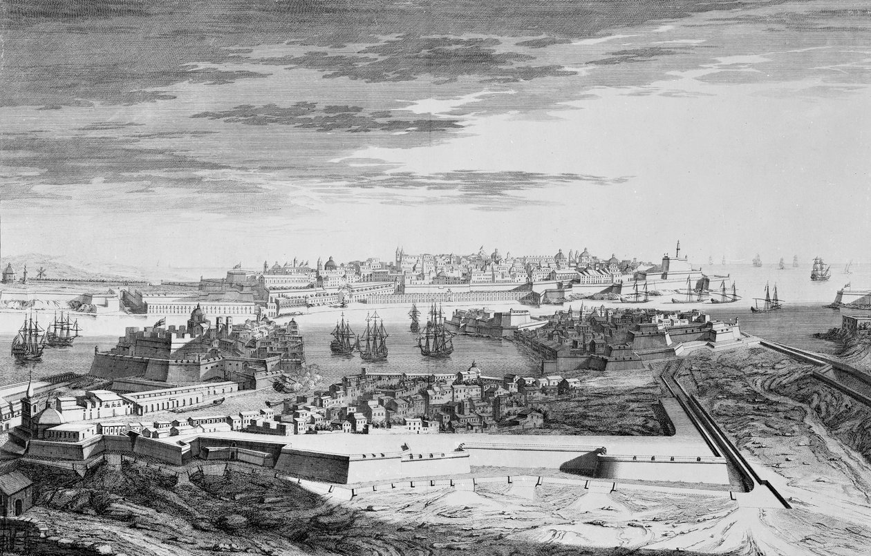 马耳他市在科托内尔河一侧的景色，约1750年（雕版画）。 作者 约瑟夫（之后）高比