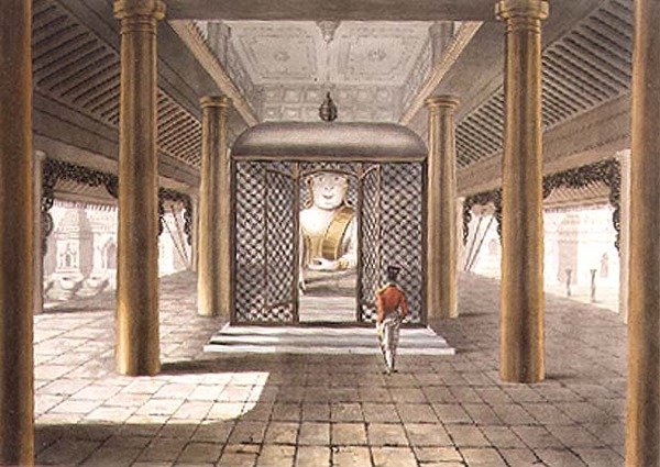 一个站在仰光寺庙里的士兵，由乔治-亨特刻制 作者 约瑟夫（后）摩尔