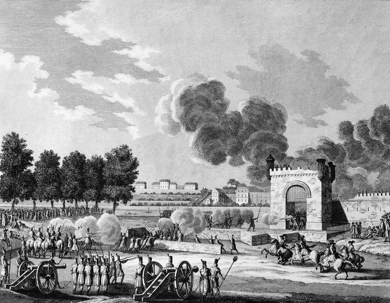 法国革命。1794年10月21日，在巴黎的香榭丽舍大街上，共和党人的 "victoires "节，青年学生的斗争。马拉波根据斯韦巴赫-德峰坦的作品绘制的版画。巴黎，革命史研究所图书馆 作者 约瑟夫（之后）Swebach Desfontaines