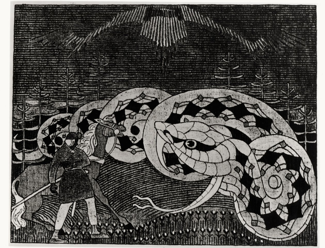 Seppo Llmarinen犁田蛇，插图来自&39;Kalevala&39;编辑和编辑Elias Lonnrot（1802-84）（雕刻）（bw照片） 作者 约瑟夫·阿兰宁