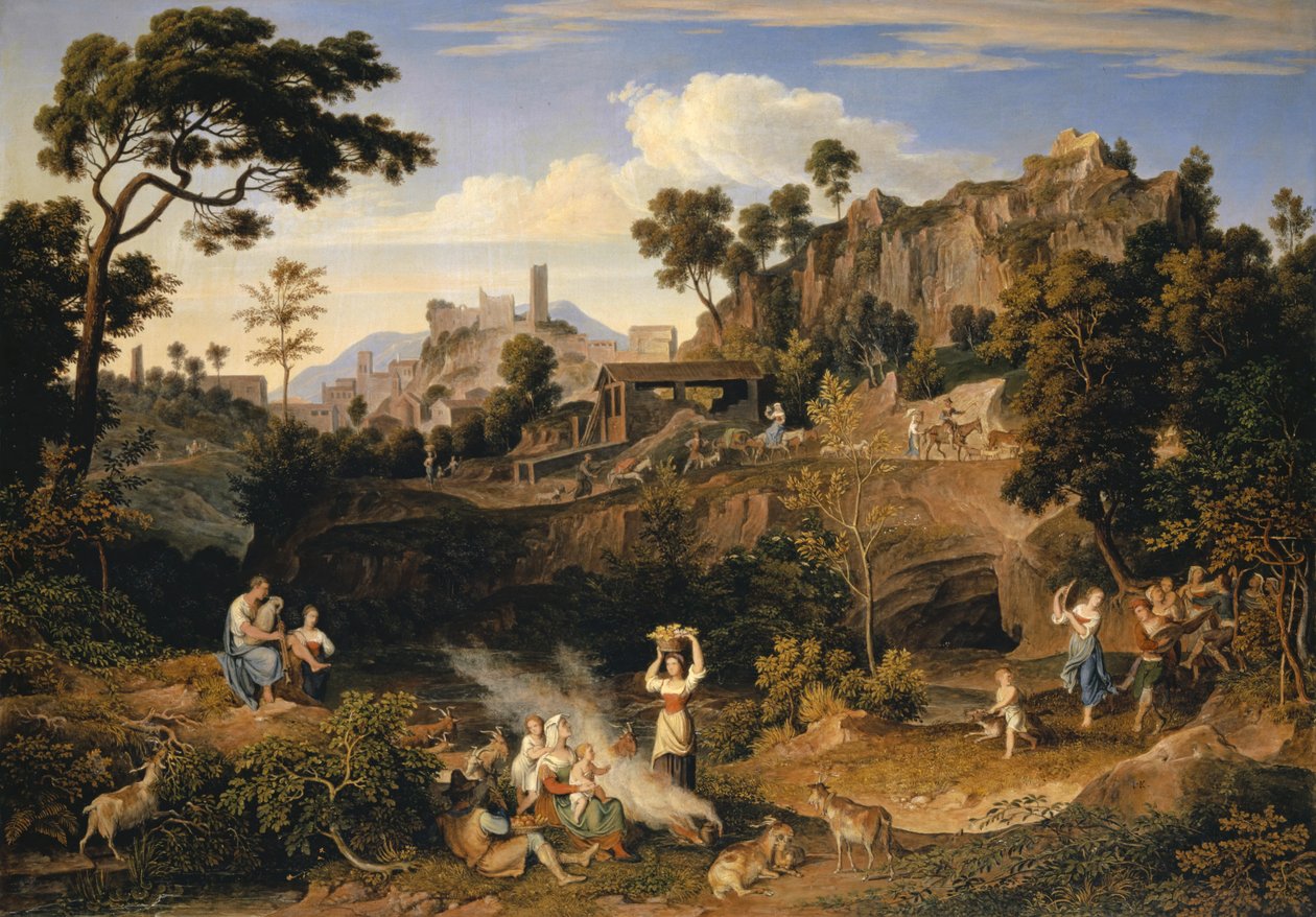 在Olevano附近的风景与跳舞农民游行，1823-24 作者 约瑟夫·安东·科赫