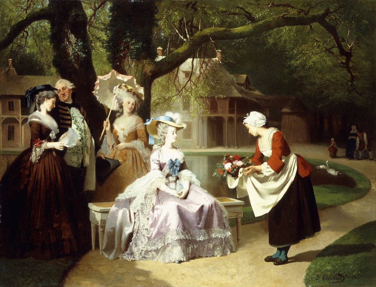 1857年，玛丽·安托瓦内特（Marie Antoinette）和路易十六（Louis XVI）在杜乐丽花园中与兰伯勒夫人 作者 约瑟夫·卡罗
