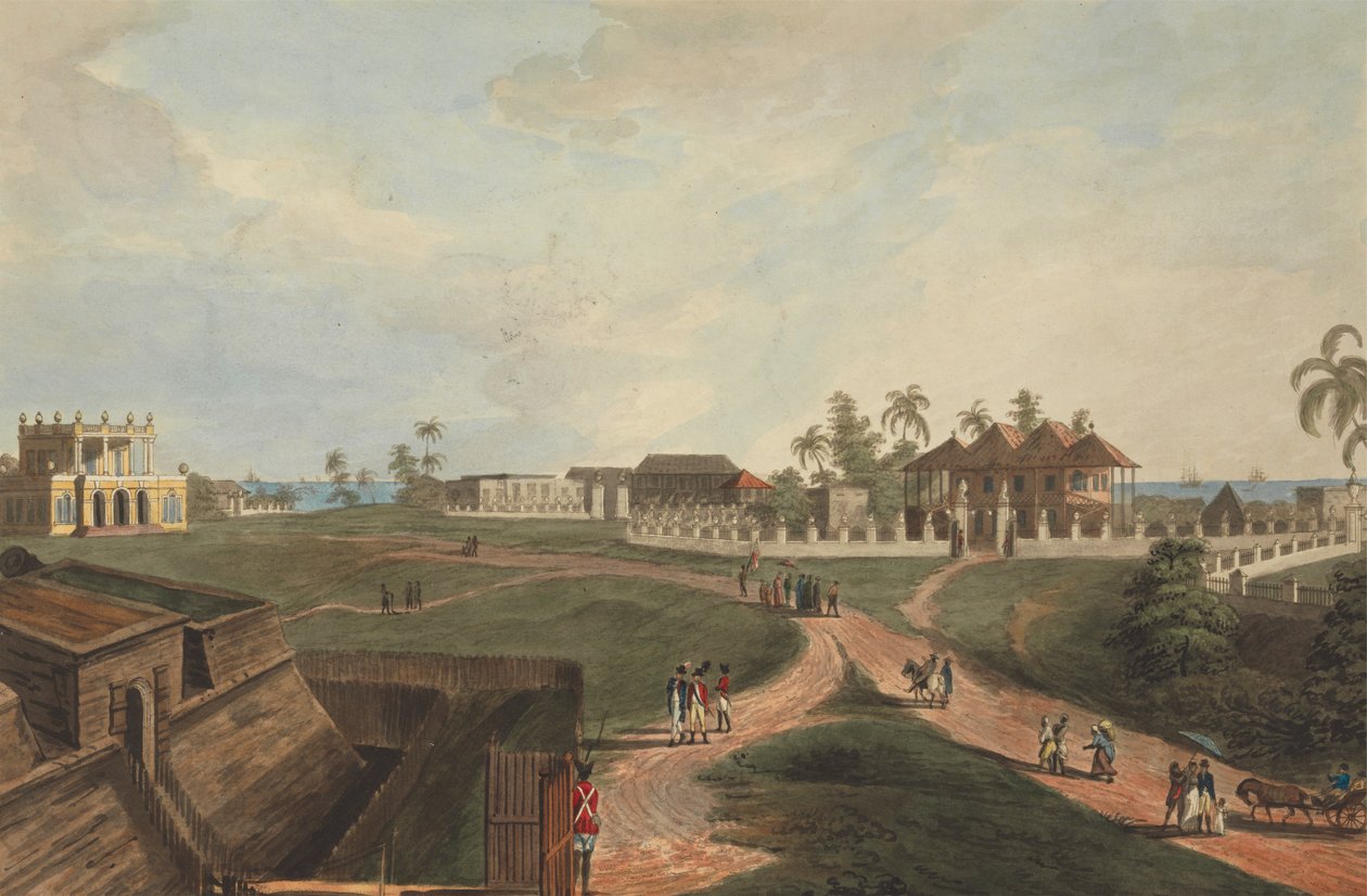 苏门答腊本库伦马尔伯勒堡政府大楼和议会大楼，1799 年 作者 约瑟夫·康斯坦丁·斯塔德勒