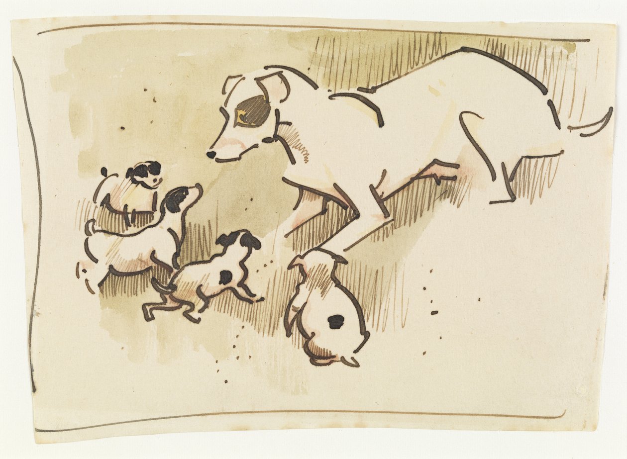 狐狸梗和小狗（纸上水墨画） 作者 约瑟夫·克劳霍尔