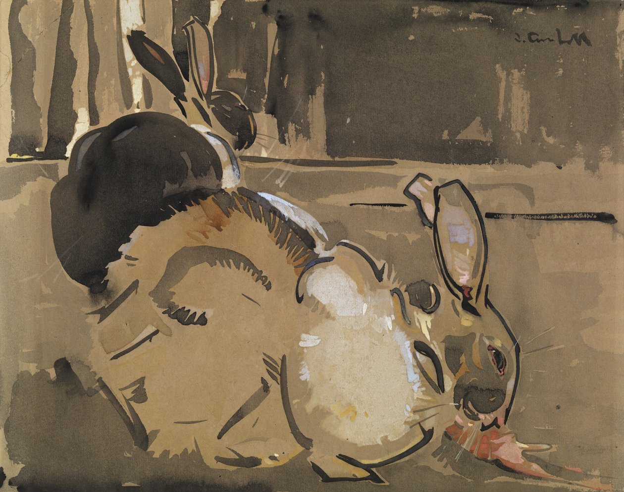 Two Rabbits, One Eating Carrots (wash and bodycolour on paper) 作者 约瑟夫·克劳霍尔