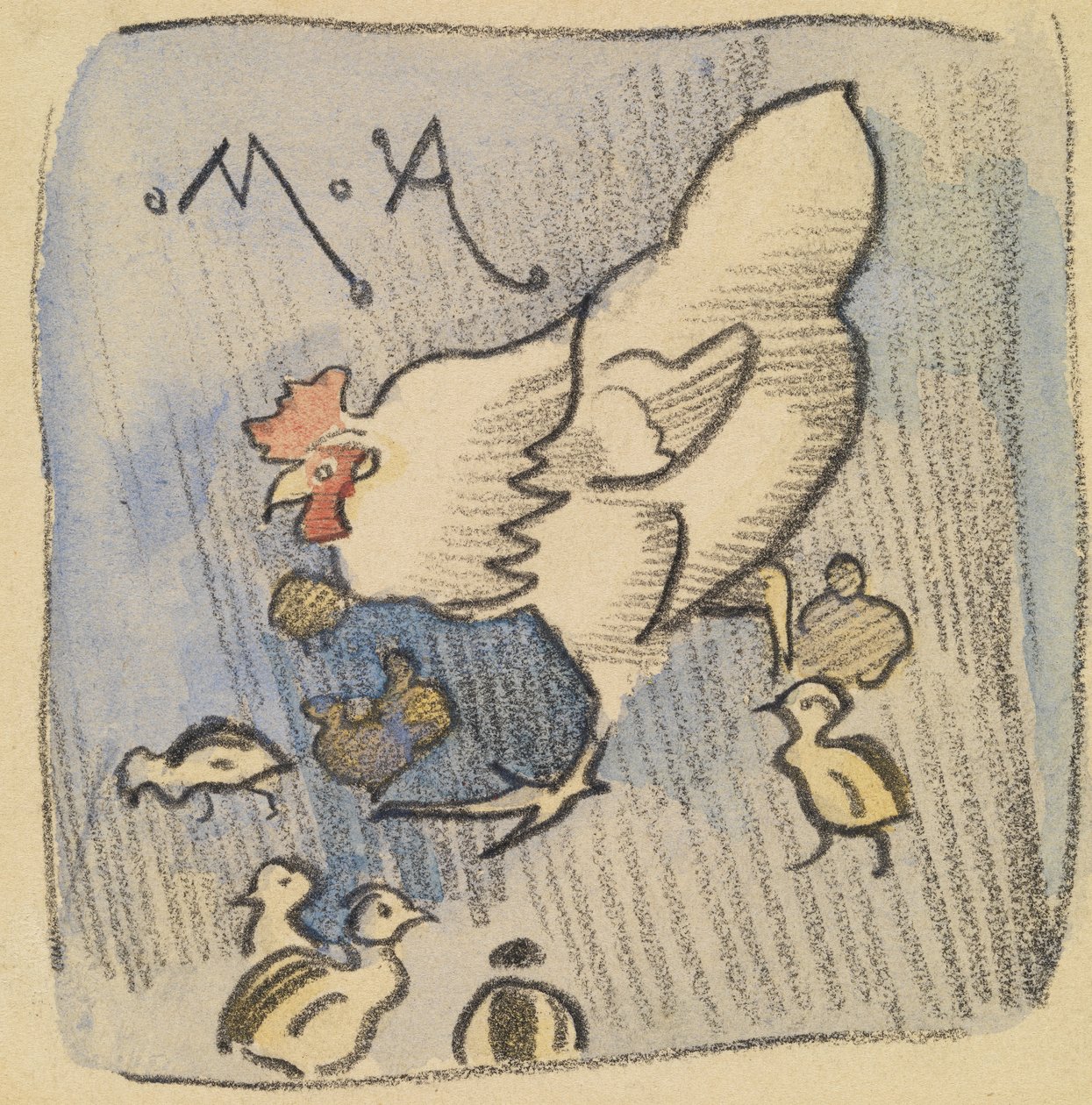 《白母鸡和小鸡》，c.1901（粉笔、铅笔和纸上水洗） 作者 约瑟夫·克劳霍尔