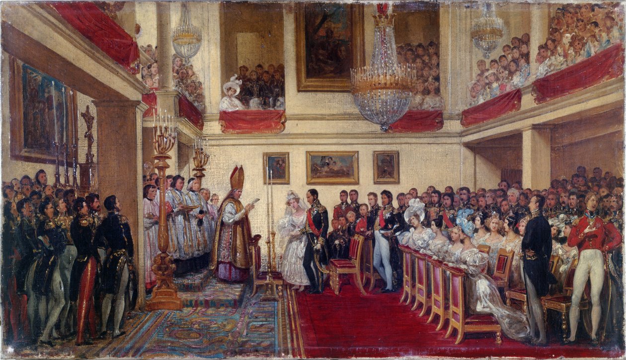 国王利奥波德一世与奥尔良公主的婚姻，1833 年至 1837 年间（油画） 作者 约瑟夫·欲望法院