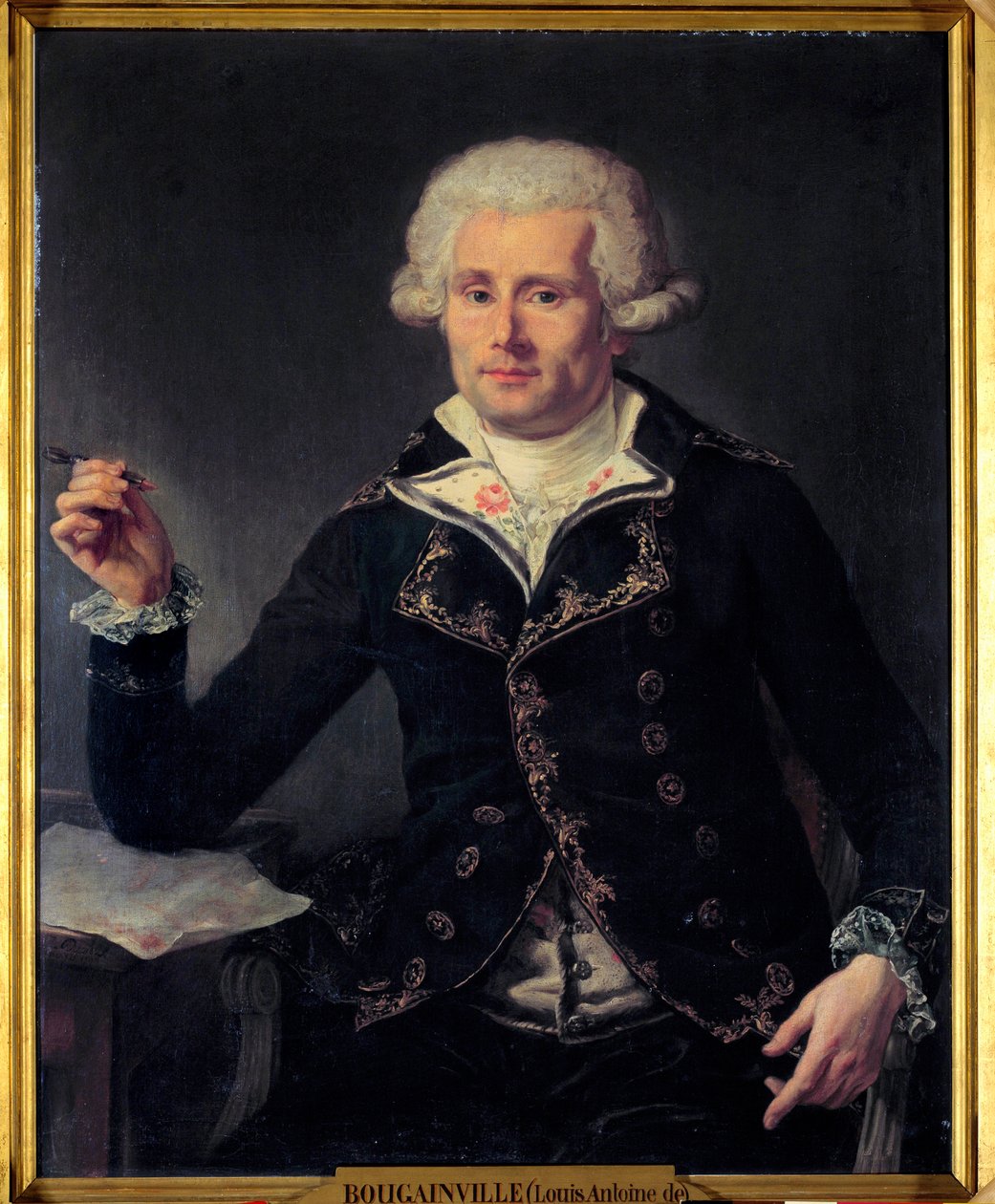 布干维尔伯爵路易斯·安托万 (1729-1811) 的肖像。 Joseph Ducreux (1735-1802) 的绘画。 1793. 昏暗的 0.91x0.72。 凡尔赛宫城堡博物馆。 - 布干维尔伯爵路易·安托万 (Louis Antoine) 的肖像 (1729-1811)。 Joseph Ducreux (1735-1802) 的绘画 作者 约瑟夫·杜克鲁