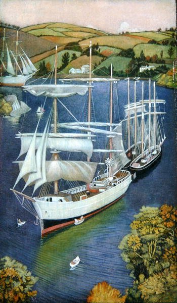 福威河口的双桅船，约1929年（油画板）。 作者 约瑟夫·爱德华·索撒尔