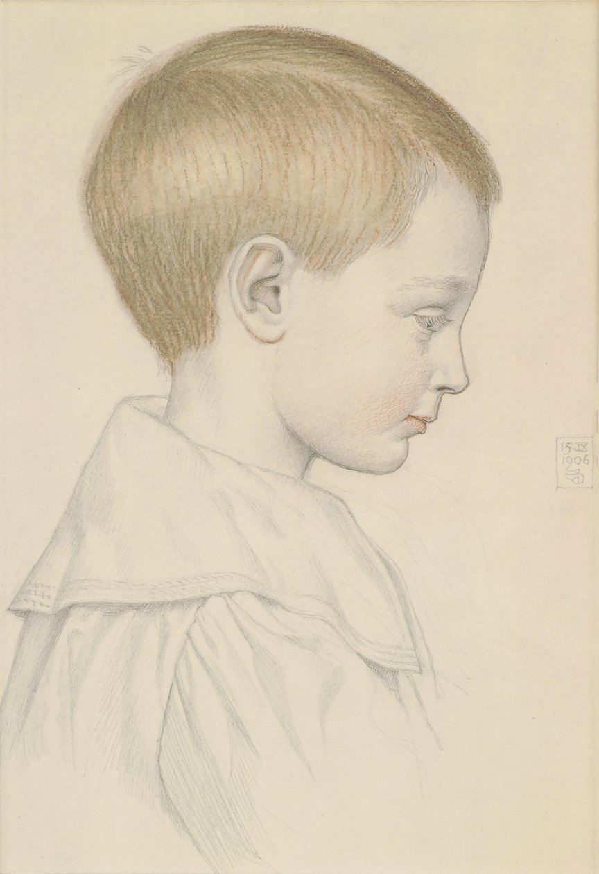 男孩头的素描，1906年（铅笔和纸上的wc） 作者 约瑟夫·爱德华·索撒尔