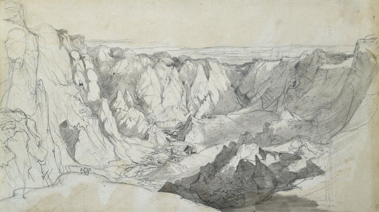 康沃尔的 Carclase 锡矿，约 1810 年（纸上铅笔加水彩） 作者 约瑟夫·法灵顿