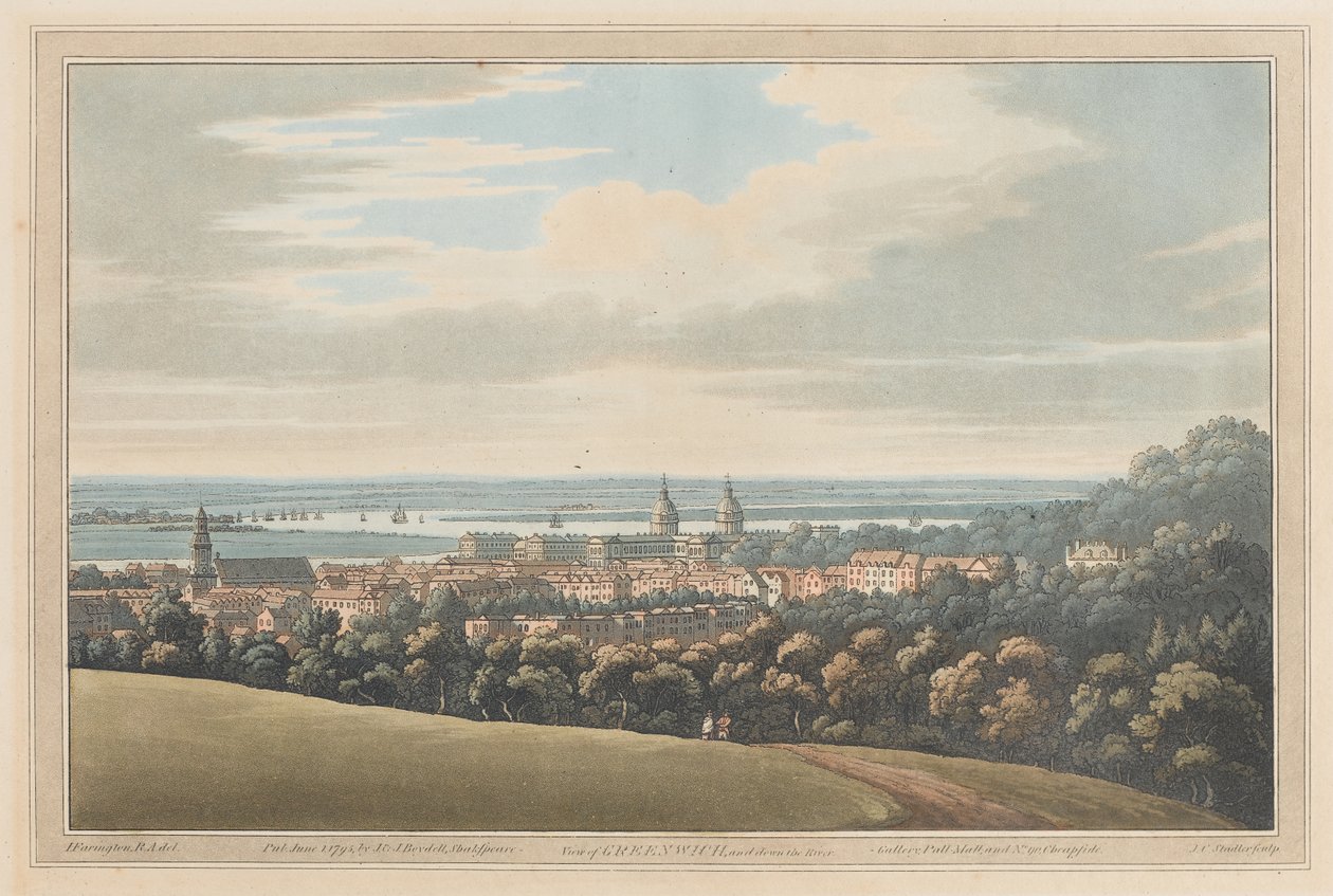格林威治和顺流而下的景色， 1795 (aquatint) 作者 约瑟夫·法灵顿