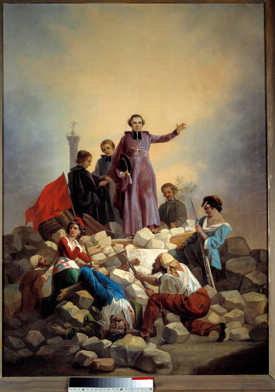 Revolution 1848: “” The Archbishop Denis Affre (1793-1848) on the Barricade Faubourg Saint Anthony 26/06/1848”” Painting by Joseph Felon (1818-1896) 1848 Sun. 0,92x0,67 m. Paris, Musee Carnavalet - Revolution of 1848: “” The Archbishop Monseigneur Denis Af 作者 约瑟夫·费隆