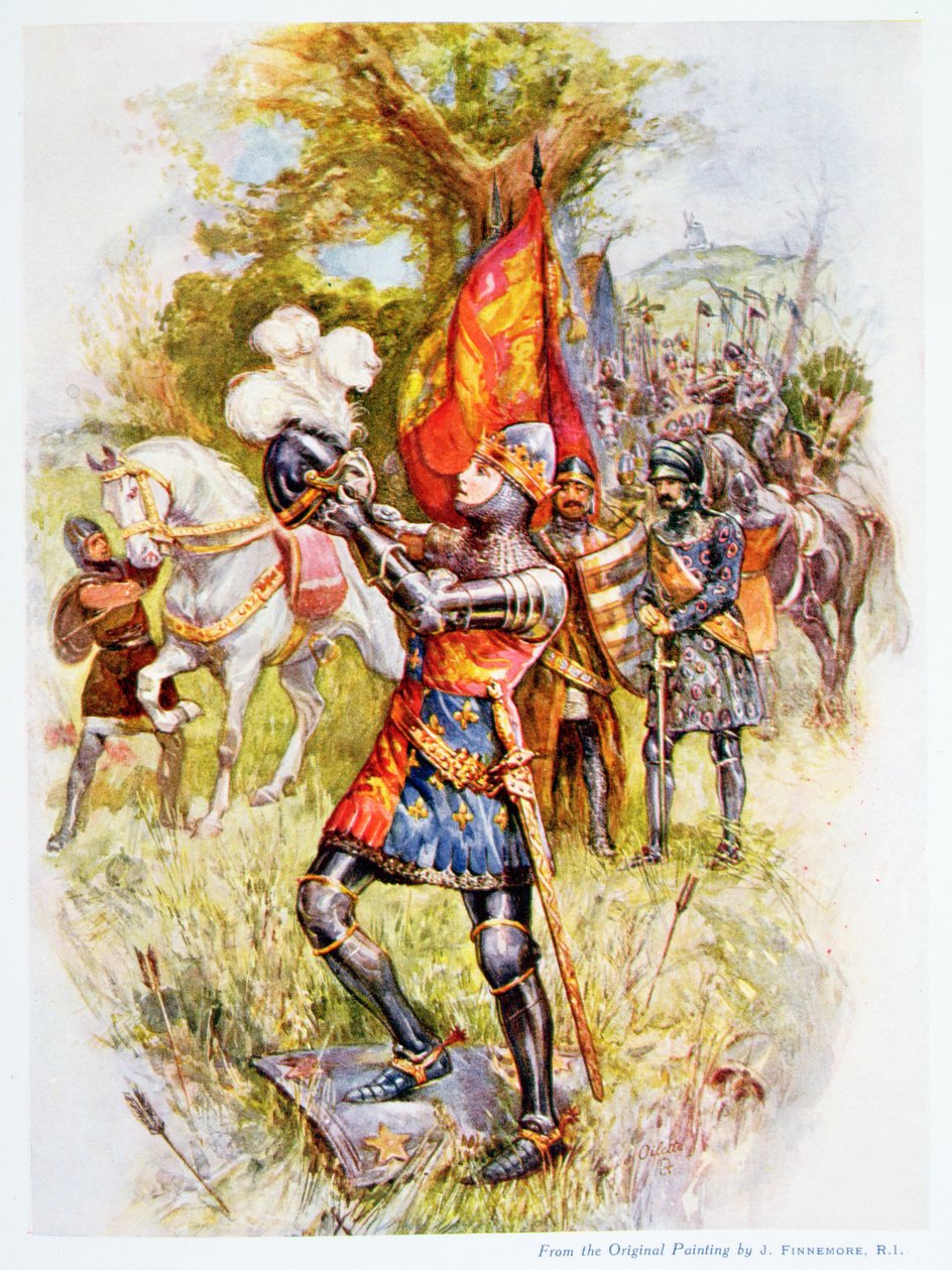 爱丽丝黑人王子在1346年的克雷西战役中，插图来自“英国历史上的皇家儿童的故事”，作者：多丽丝阿什利，由Raphael Tuck出版，1920年 作者 约瑟夫·芬内摩尔