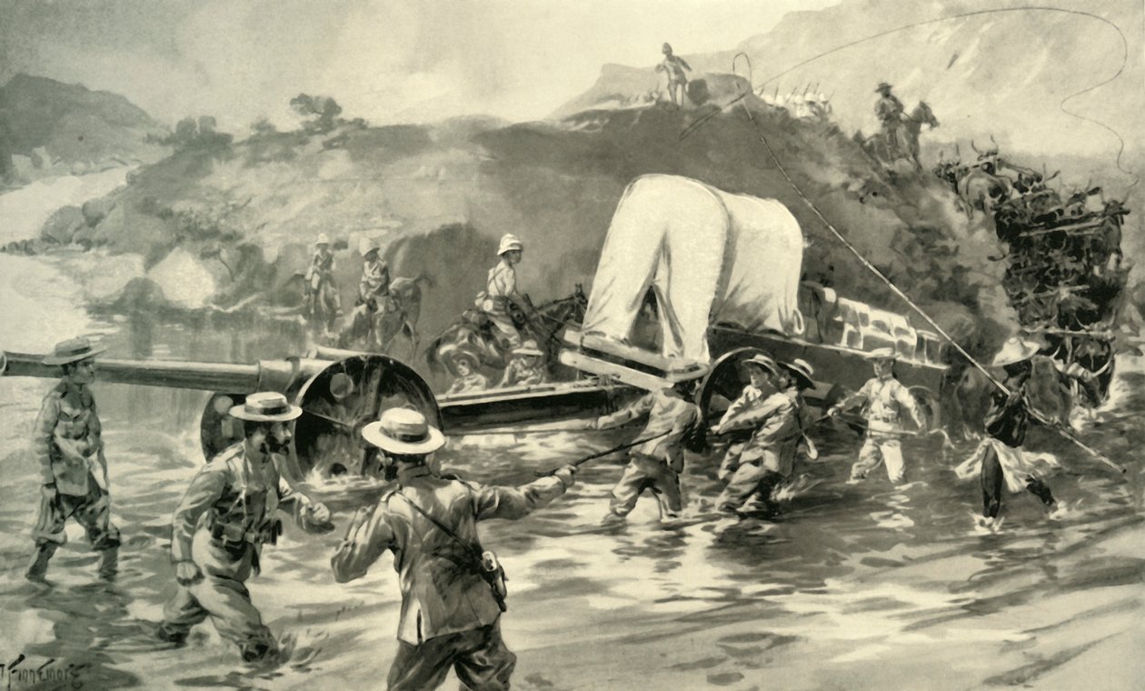 带着4.7海军炮穿越图盖拉》，1900年。 作者 约瑟夫·芬内摩尔