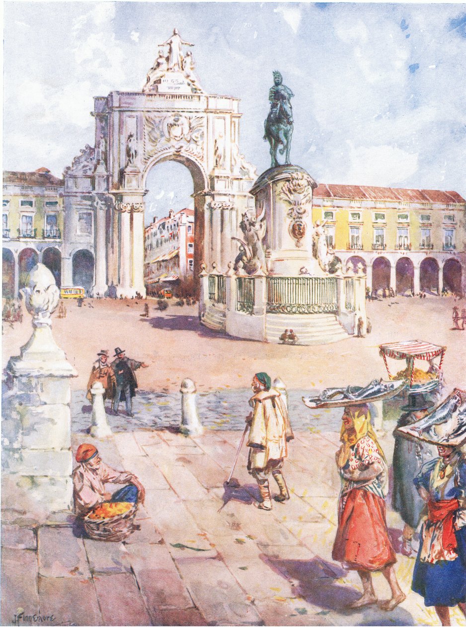 里斯本的Praca do Commercio，来自Hutchinsons Picturesque Europe，由Hutchinson＆Son出版，c.1930 作者 约瑟夫·芬内摩尔