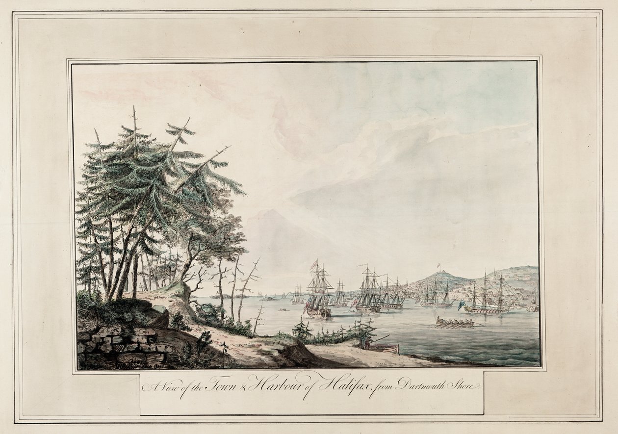 从达特茅斯海岸远眺哈利法克斯镇和港口，约 1777 年（印刷品） 作者 Joseph Frederick钱包DesBarres