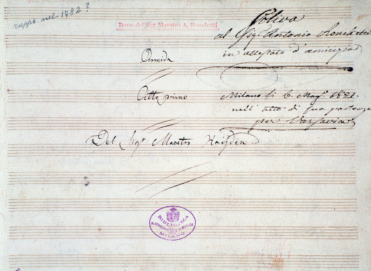 J 海顿 (J Haydn) 的《阿米达》小步舞乐谱第一页 (1821) 作者 约瑟夫·海顿