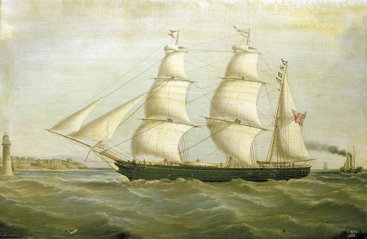 女王蜂号 "帆船（建于 1852 年），一侧是由房屋建造的灯塔。油画 作者 约瑟夫·赫德