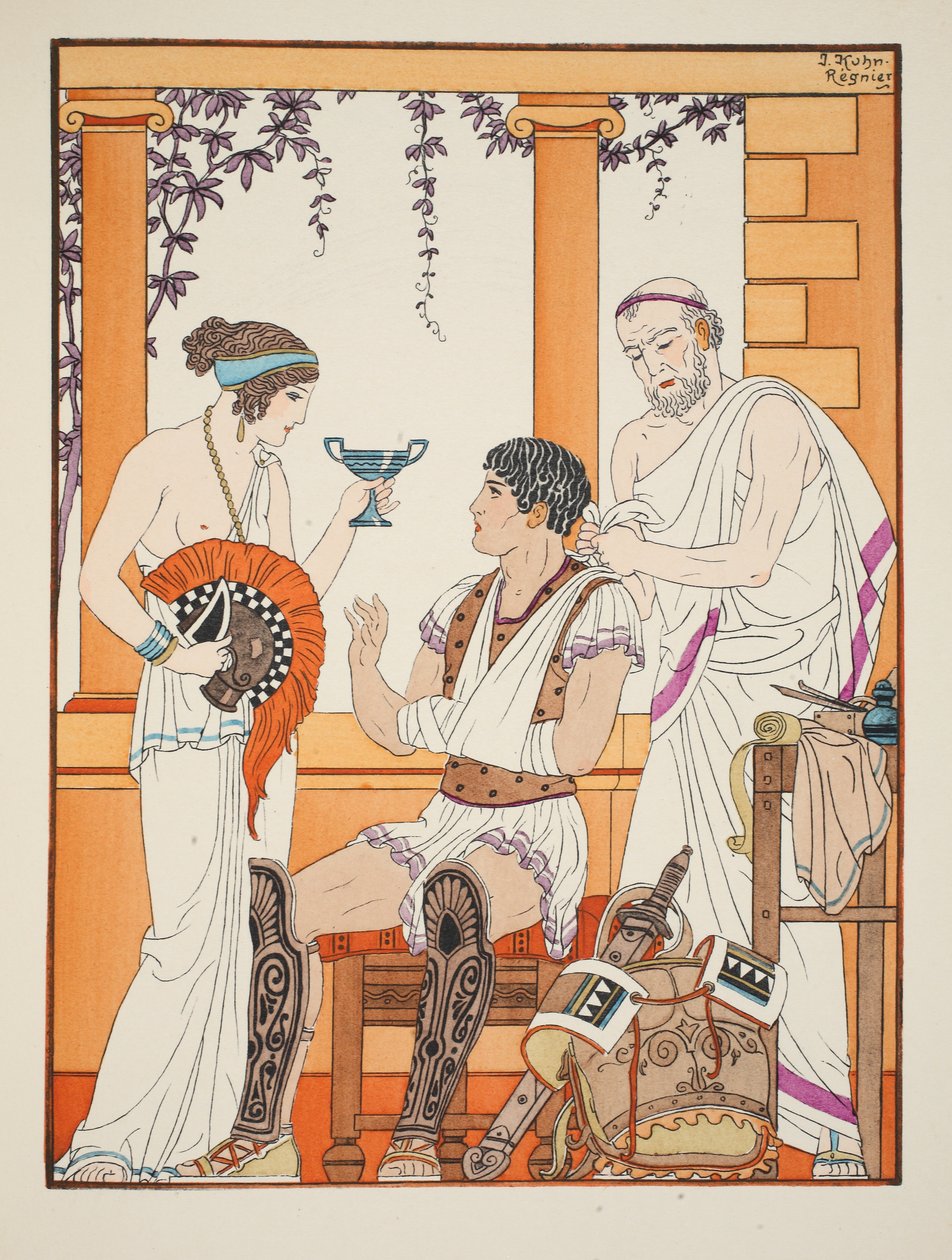他的手臂在吊索中受伤的士兵，1934年“希波克拉底的作品”中的插图 作者 约瑟夫·库恩·雷尼尔