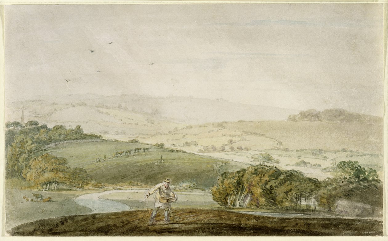 农民播种，河谷和连绵起伏的丘陵，1795年 作者 约瑟夫·马洛德·威廉·特纳
