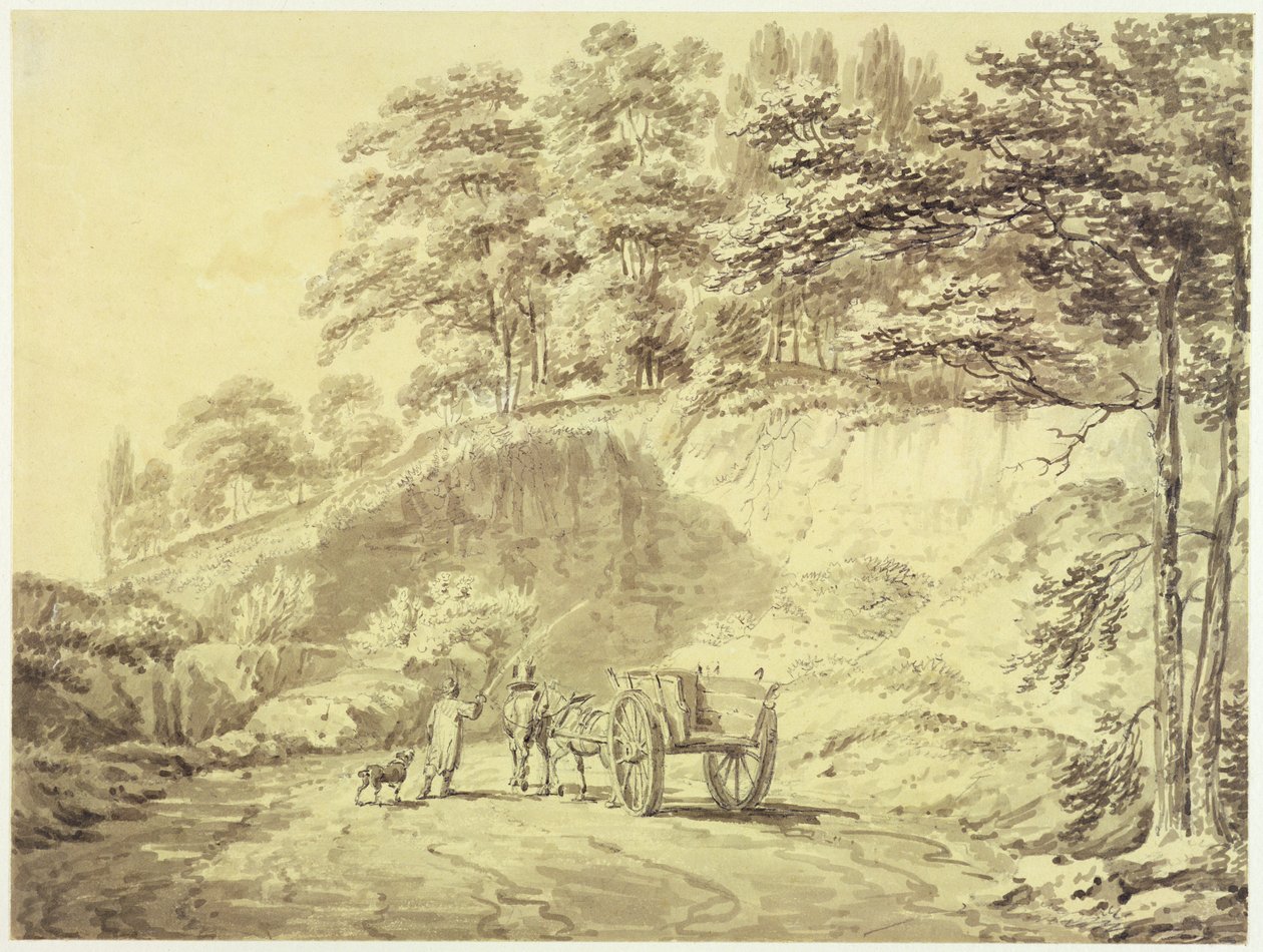 男子用马和购物车进入采石场，c.1797（石墨和灰色洗在纸上） 作者 约瑟夫·马洛德·威廉·特纳