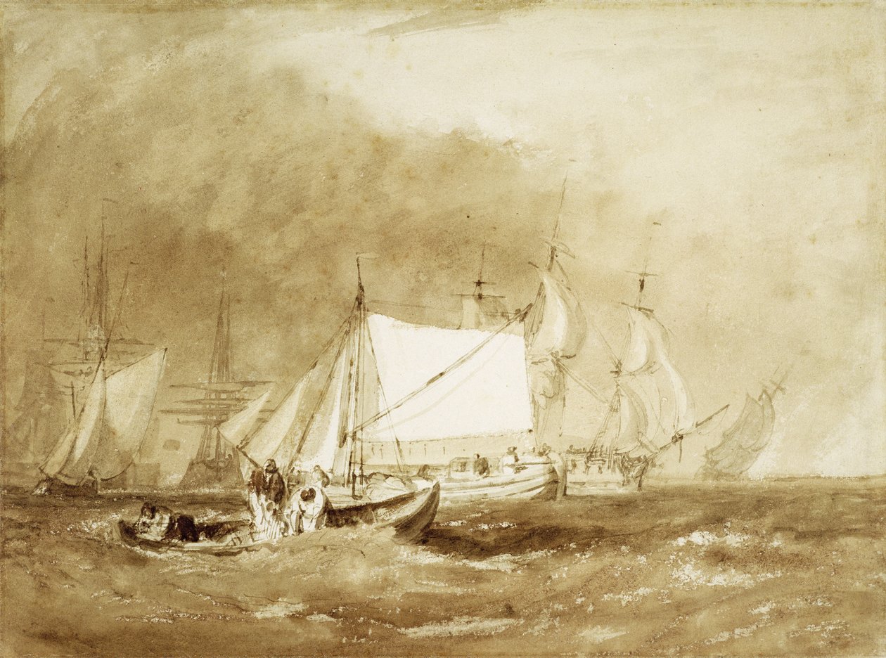 带渔民的运输场景，约1815-20年（纸上的画笔和棕色墨水） 作者 约瑟夫·马洛德·威廉·特纳