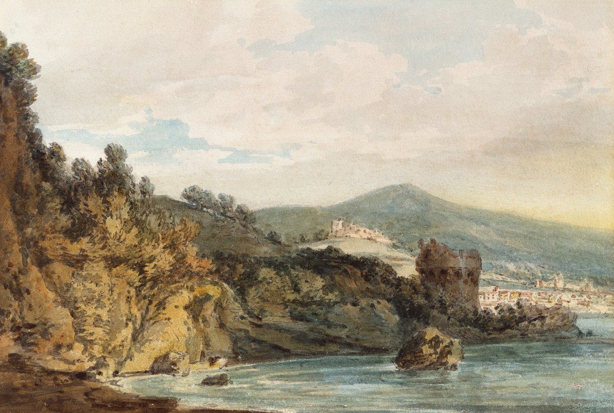 维埃特里（Vietri）下的海岸，远处的萨勒诺（Salerno），托雷克雷斯塔雷拉（Torre Crestarella）上方的城堡 作者 约瑟夫·马洛德·威廉·特纳