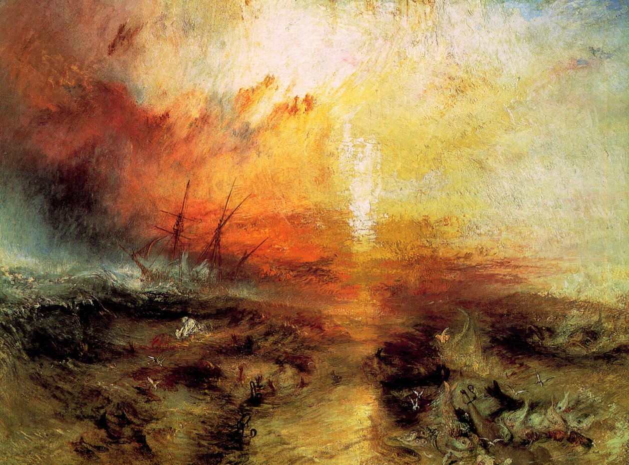 奴隶船上的奴隶主把死人和垂死的人扔下船，Typhon Coming On，1840年。   作者 约瑟夫·马洛德·威廉·特纳