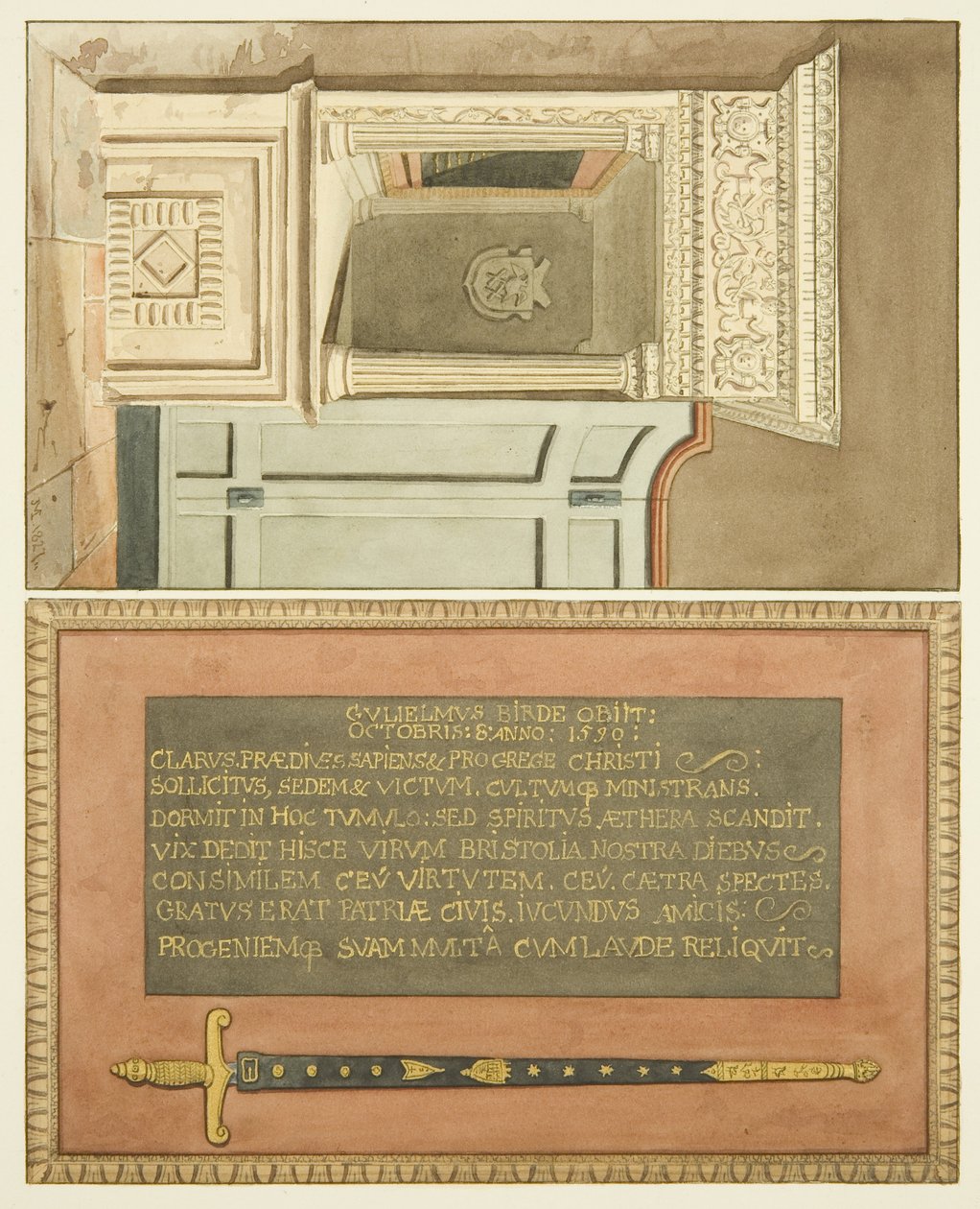 圣马可威廉伯德纪念碑的尽头，铭文和绘画大师剑（纸本水彩） 作者 约瑟夫·曼宁