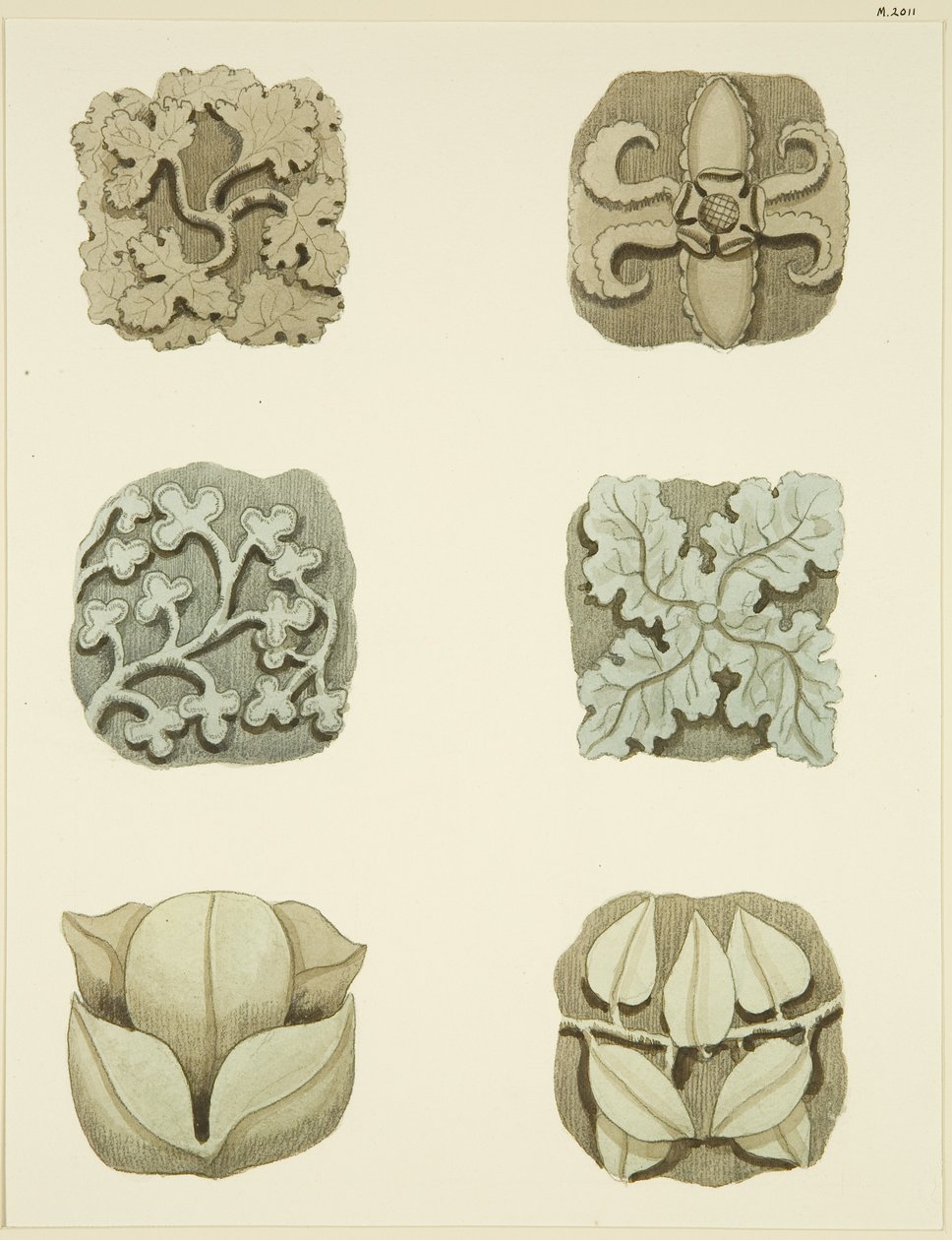 圣玛丽-雷德克里夫教堂天花板上的凹槽石（老板）（纸上水彩画 作者 约瑟夫·曼宁