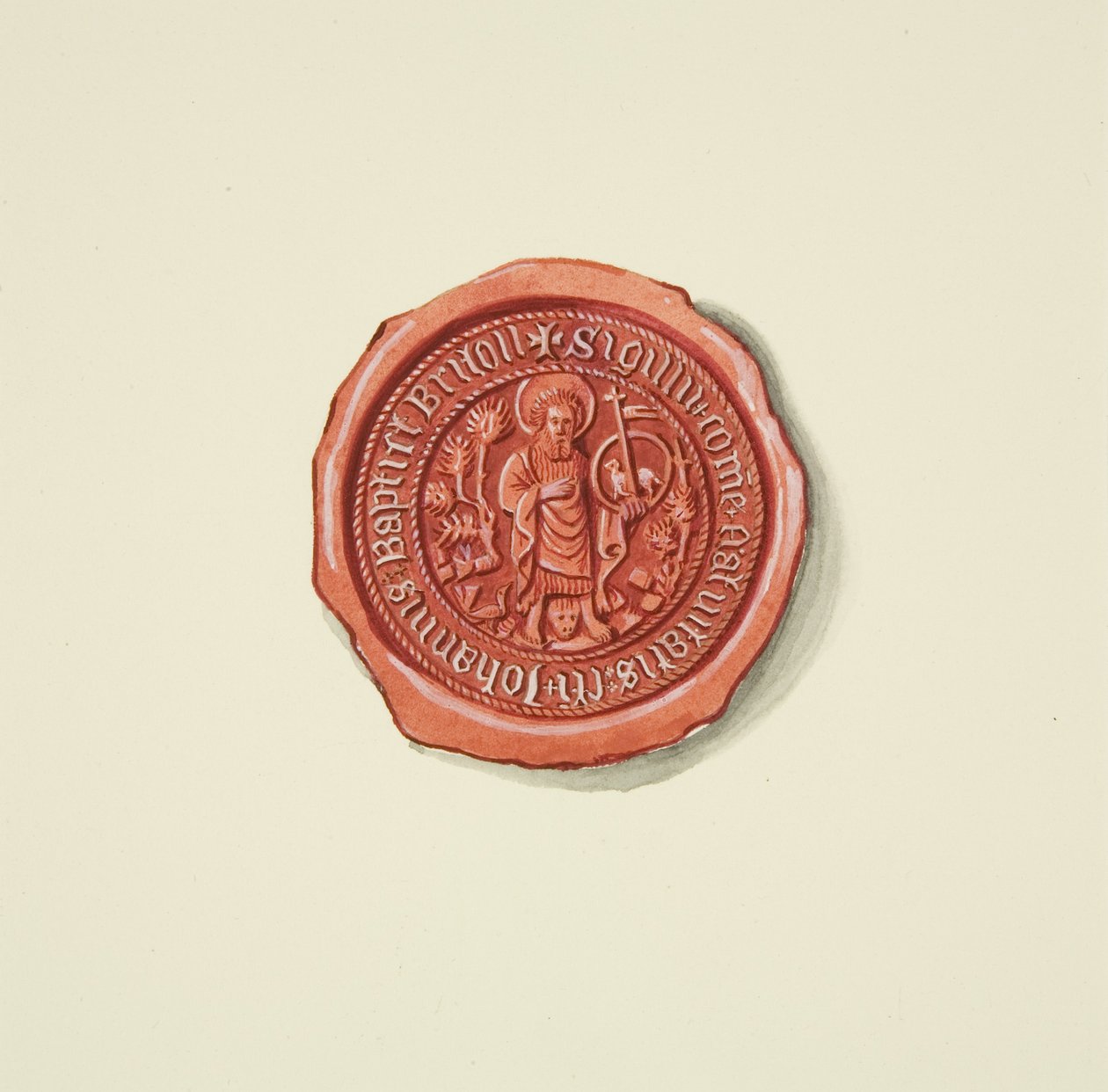 描绘施洗者圣约翰（可能是 Merchant Taylors）的印章，约 1825 年（纸上铅笔和水彩） 作者 约瑟夫·曼宁
