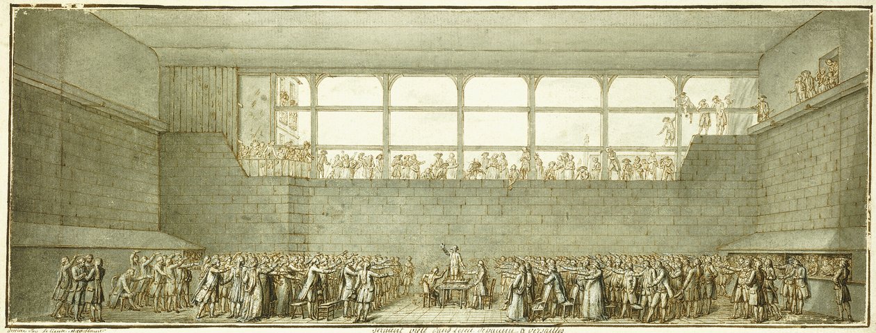 网球场誓言，c.1789（黑色粉笔、钢笔和棕色墨水，灰色水洗） 作者 约瑟夫·玛丽·弗洛伊斯特