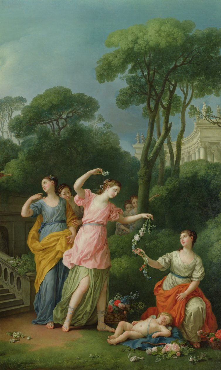 年轻的希腊女孩装饰睡着丘比特与鲜花，1773年 作者 约瑟夫·玛丽·维恩