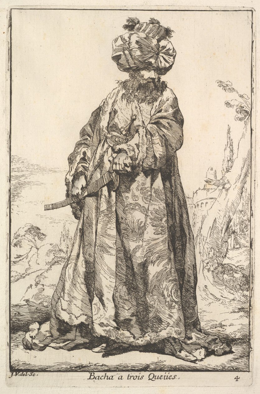 帕夏用双手抓着胯下的剑，出自《苏丹的大篷车》系列，1748年。 作者 约瑟夫·玛丽·维恩