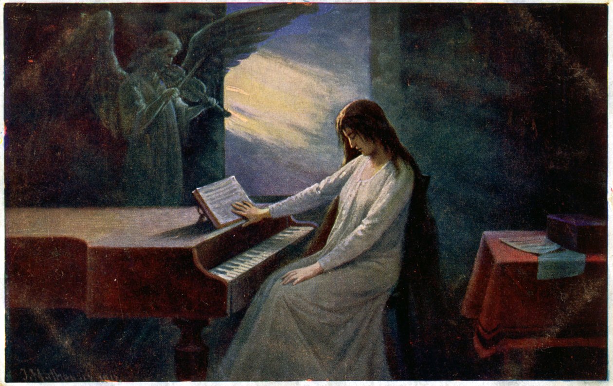 音乐。 最后一个和弦。 弹钢琴的垂死女士。 捷克共和国 Josef Mathauser 的插图，c.1910（明信片） 作者 约瑟夫·马特豪斯（Joseph Mathauser）