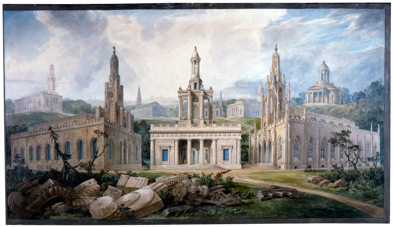 由 J. Soane 爵士设计的一组教堂，展示了不同的建筑风格 作者 约瑟夫·迈克尔·甘迪