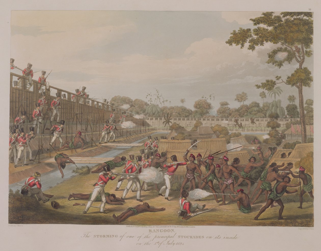 仰光：1824年7月8日的一个主要寨子的风暴，1815年由乔治·亨特雕刻的“仰光景观”中的第15块（aquatint） 作者 约瑟夫·摩尔