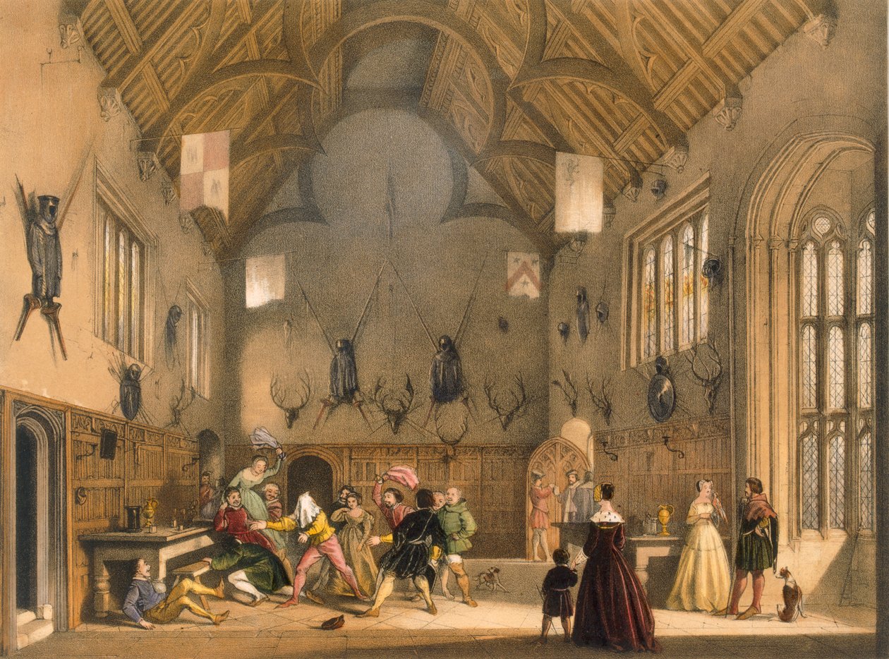 Blind Man&39;s Buff，于17世纪中期在Athelhampton Hall举行，来自“中世纪建筑”，1838年出版 作者 约瑟夫·纳什